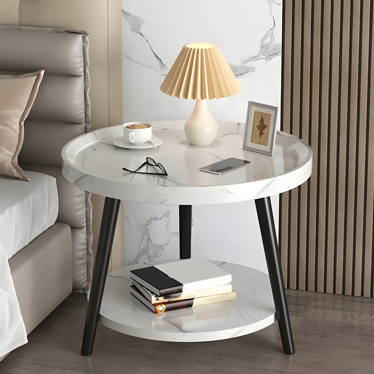 Natural Espresso Wood Small Round End Side Table with Tray Top & Shelf