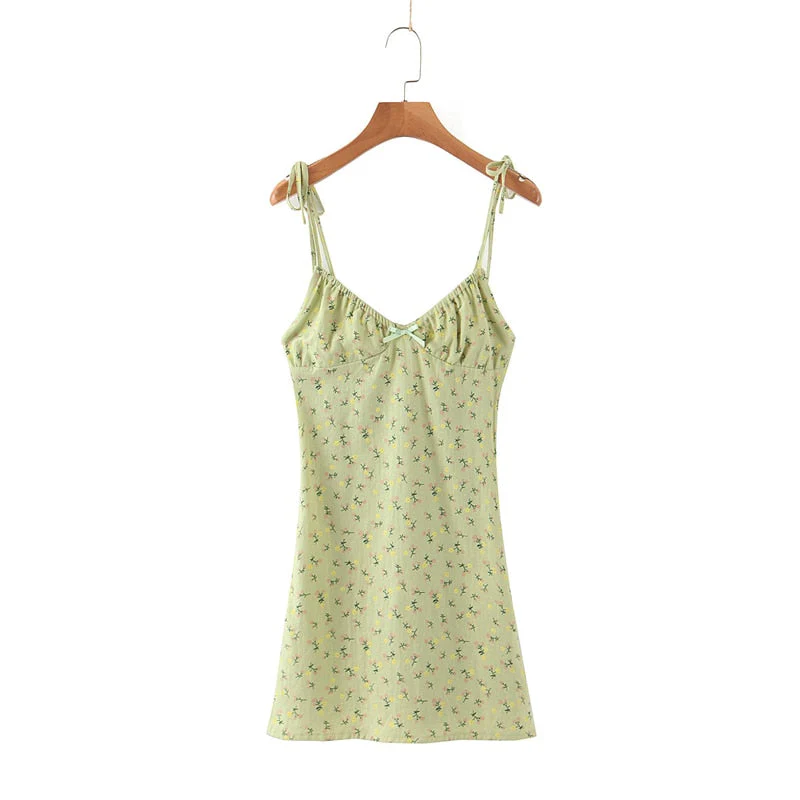 Hulianfu New Casual Chic Floral Print Sling Mini Dress Women Holiday Bow V-neck Dress Summer Sexy Backless Ladies Dresses - Deanwangkt