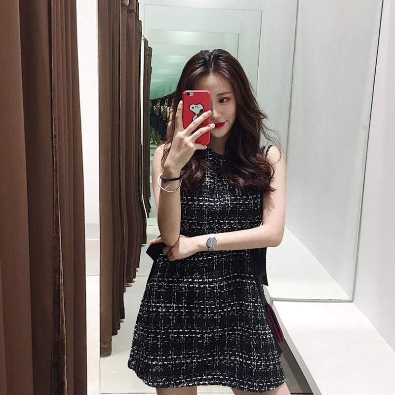 Hulianfu Vintage Summer Women Tweed Bandage Dresses for Women Party Sleeveless Bow O-Neck Plaid Elegant Casual Empire Bodycon Short Dress - Deanwangkt