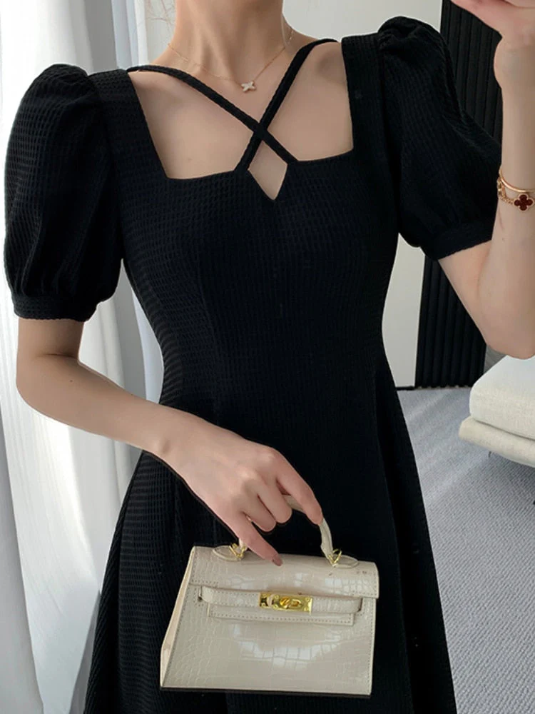 Hulianfu Summer Women Fashion Elegant Casual Solid Puff Sleeve Midi Dresses Evening Office Lady Female A Line Clothes Vestdios Black - Deanwangkt
