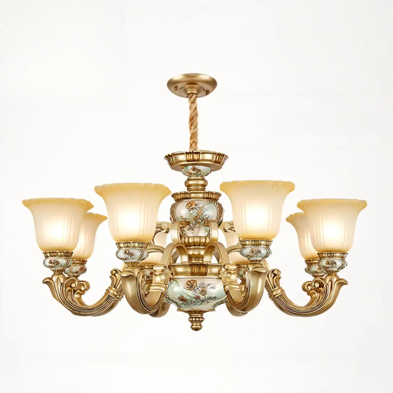 Antique Gold Ceramic Chandelier with Frosted Glass Bell Shape