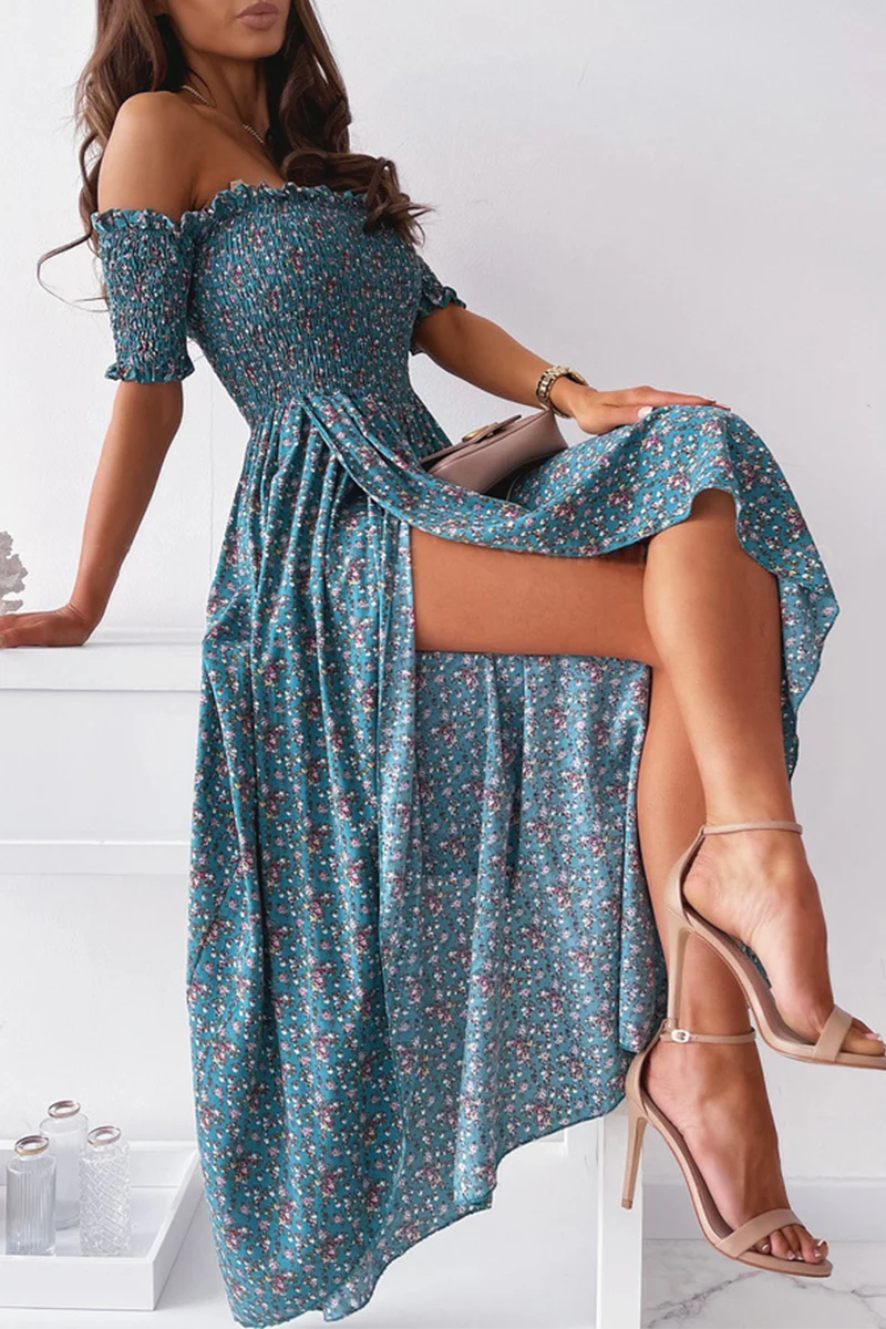 hulianfu Elegant Floral Slit Fold Off the Shoulder Waist Skirt Dresses(5 Colors) - Deanwangkt