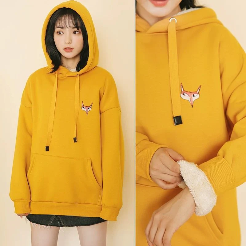 hulianfu Jacket women solid color hoodies autumn winter imitation lamb wool korean loose plus velvet thick zipper sweatshirt tops - Deanwangkt