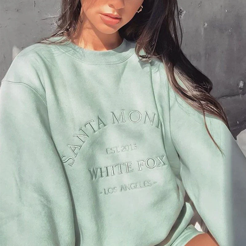 Green Vintage Letters Embroidered Crewneck Sweatshirt Women Winter Tops Oversized Girls Streetwear New Korean Fashion Pullovers - Deanwangkt