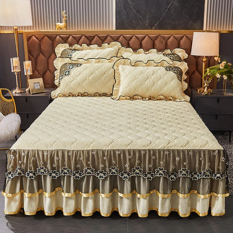 HULIANFU Luxury Super Soft Crystal Velvet Fleece Lace Ruffles Quilted Bed Skirt Mattress Cover Bedspread Pillowcase Bedding Home Textiles - Deanwangkt