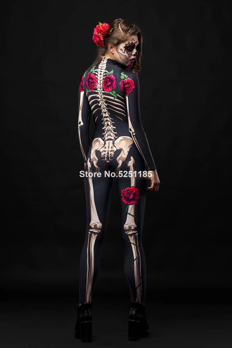 HULIANFU Women Cosplay Skeleton Rose Sexy Bodysuit Halloween Devil Ghost Specter Jumpsuit Romper Party Carnival Performance Scary Costume - Deanwangkt
