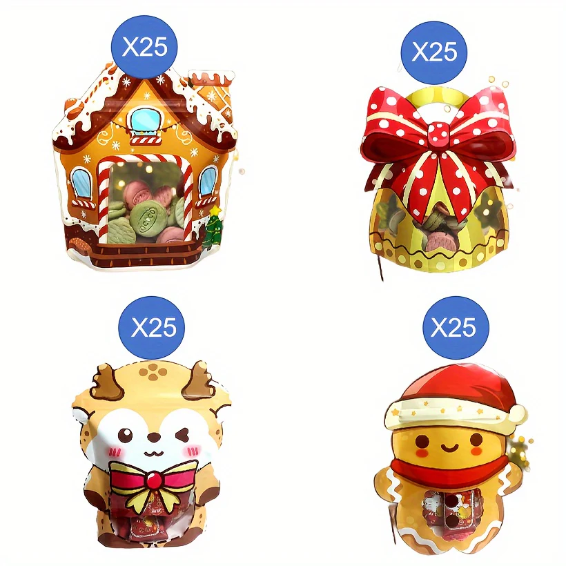 Christmas Treat Bags Set - 25/50pcs Cute Cartoon Self-Sealing Gift Bags for Snacks, Candy & Cookies - Perfect for Holiday Parties & Baking Essentials - Deanwangkt