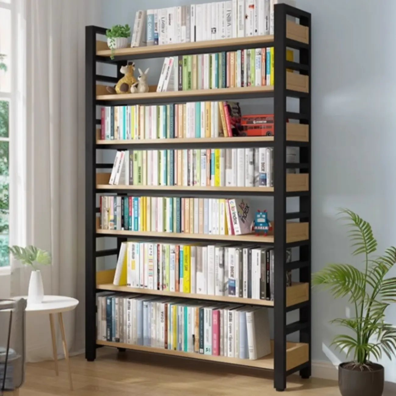 Freestanding Simple Multi-Layer Wood Bookshelf in Steel Frame