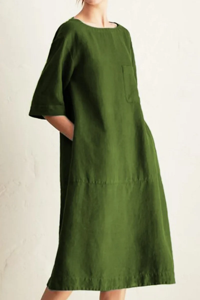 hulianfu - Casual Solid Patchwork Pocket O Neck A Line Dresses(6 Colors) - Deanwangkt