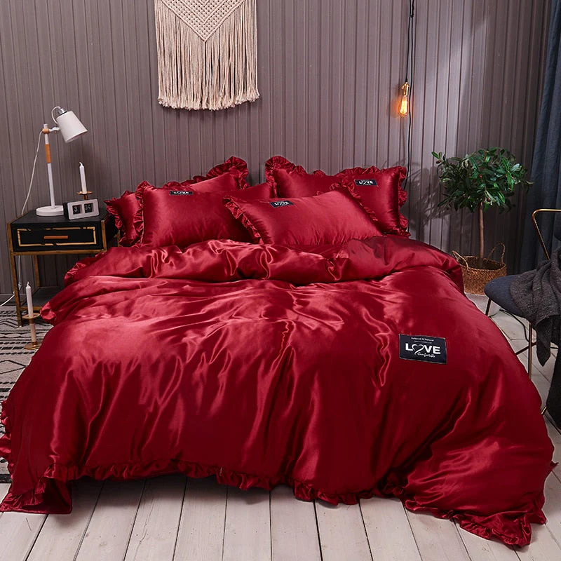 HULIANFU Pure Satin Silk Bedding Set Lace Luxury Duvet Cover Set Single Double Queen King Size 240x220 Couple Quilt Covers White Gray Red - Deanwangkt