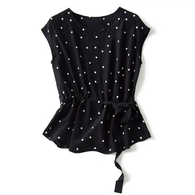 Matching suit polka dot chiffon trousers two-piece large size summer Korean fashion retro casual top wide leg pants suit - Deanwangkt