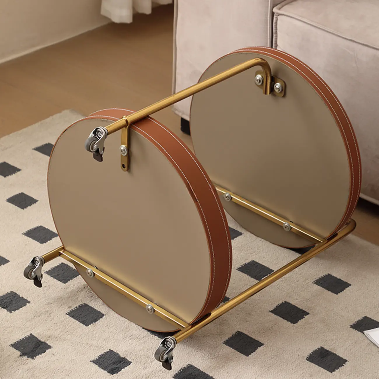 Mobile 2 Layers Brown Leather Metal Round Side Table