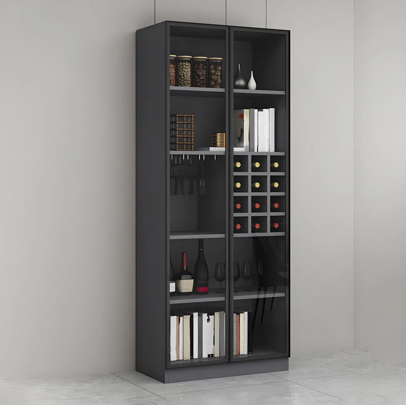 Lighting Modern Freestanding Black Wooden Wine Cabinet