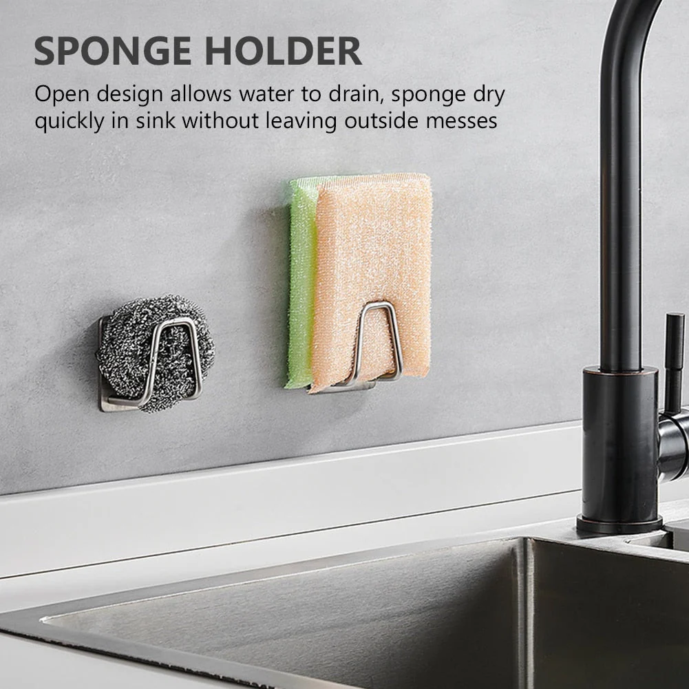 HULIANFU Kitchen Sponges Holder Self Adhesive Sink Sponges Drain Drying Rack 304 Stainless Steel Storage Holder Kitchen Sink Accessories - Deanwangkt