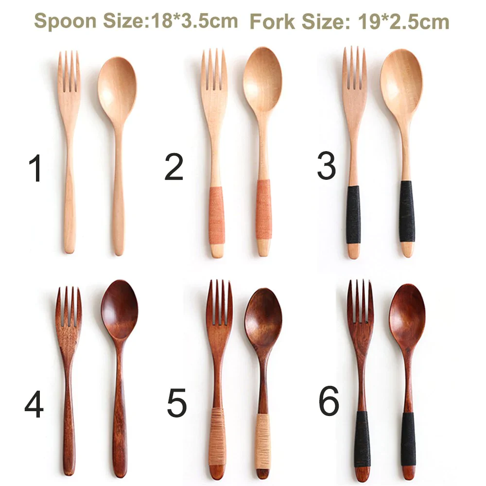 HULIANFU Natural Wooden Spoon & Fork Dinner Kit Rice Soups Utensil Cereal Handmade  Home Tableware Dinnerware Cutlery For Kicthen - Deanwangkt