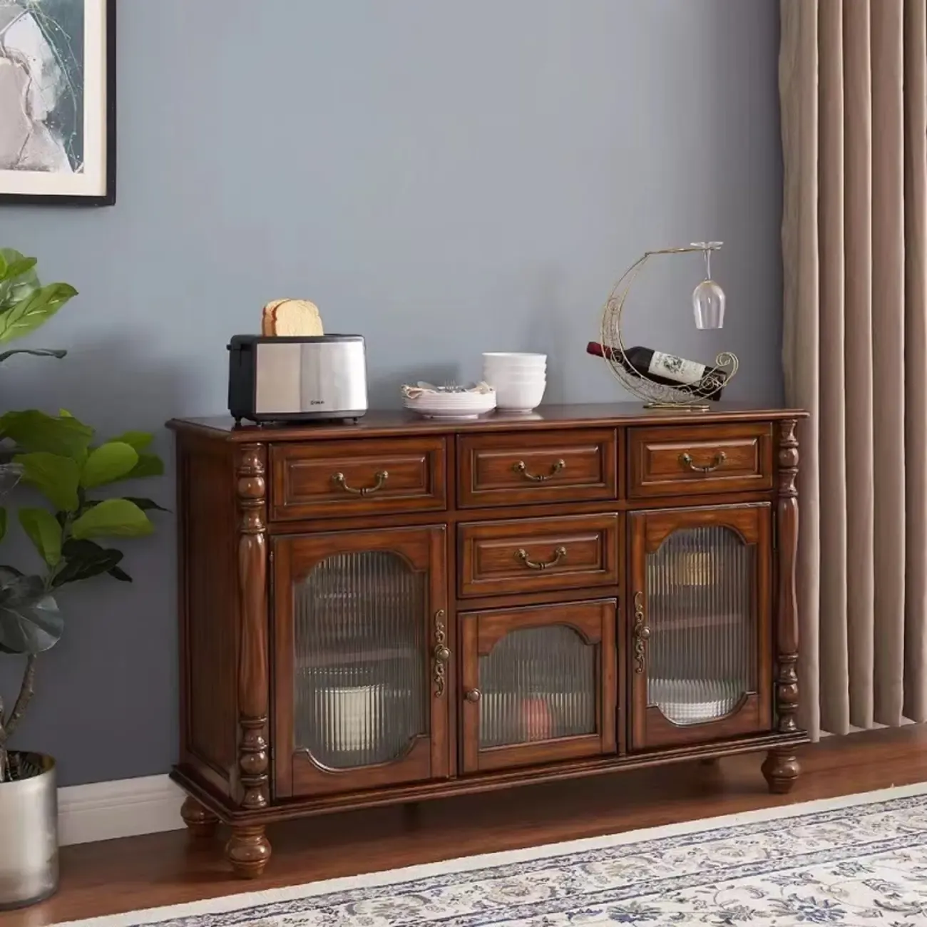 Mid-Century Modern Wood Bar Cabinet with Wine Rack