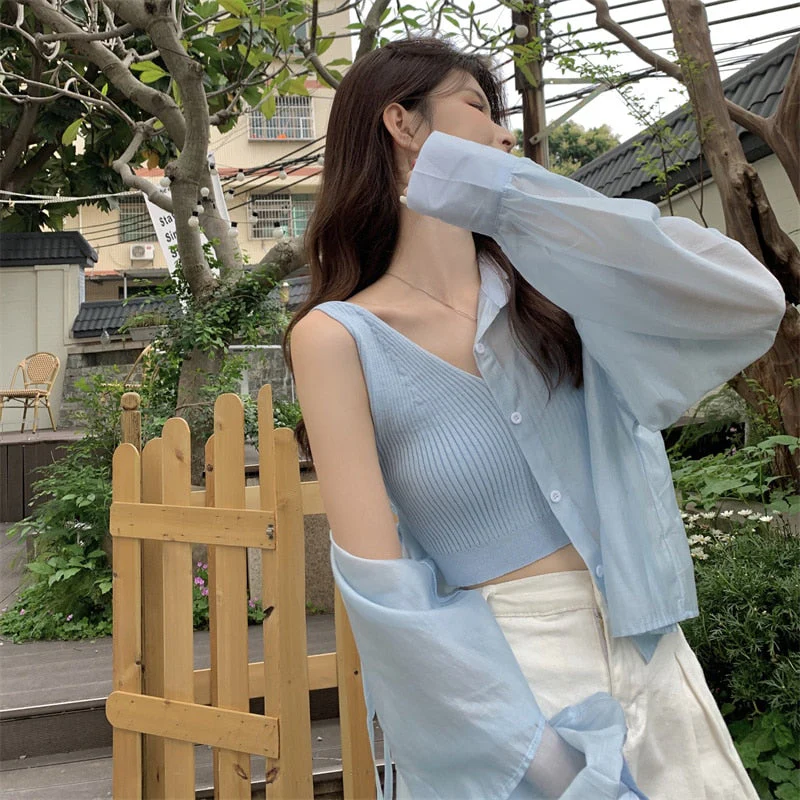 Hulianfu Shirts Women Hole Temperament Sun-proof Ins Vacation Thin Korean Style Sheer Off-shoulder BF Топ Женский Summer Students Beach - Deanwangkt