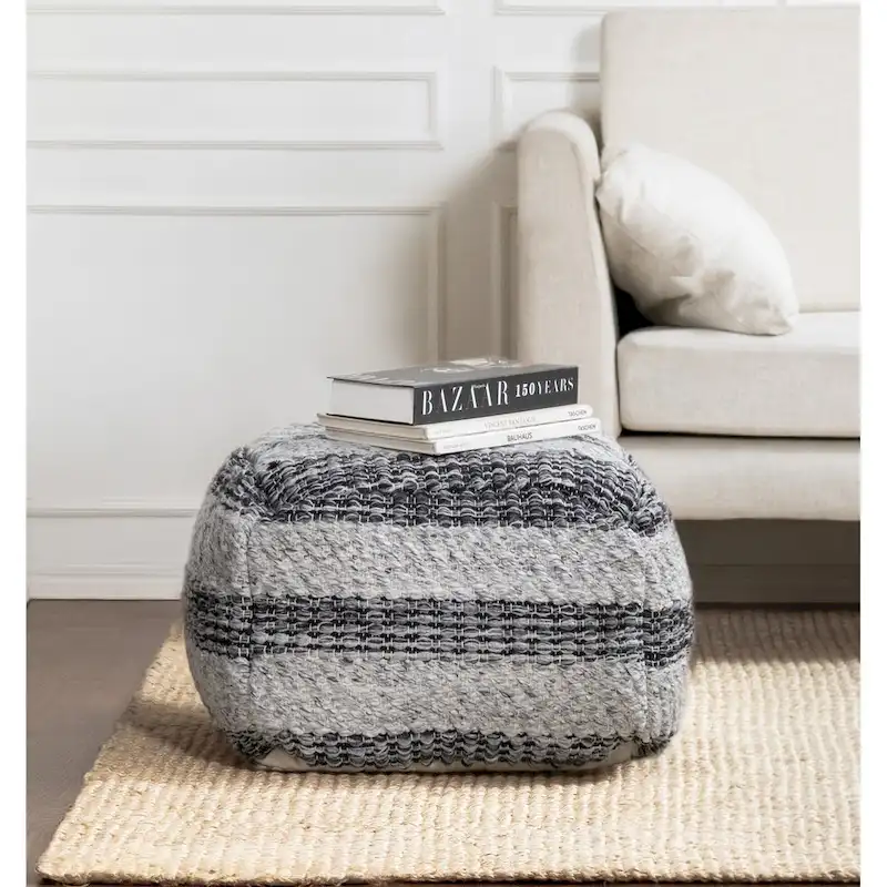 Jani Grey Striped Handwoven 24-inch Square Pouf Ottoman - Stylish Footrest for Living Room, Bedroom