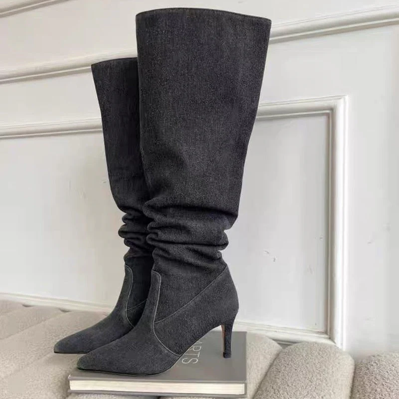 Pleated High Heels Denim Boots for Women  Autumn Jeans Knee High Cowboy Boots Woman Blue Thin Heeled Long Botas Feminina - Deanwangkt