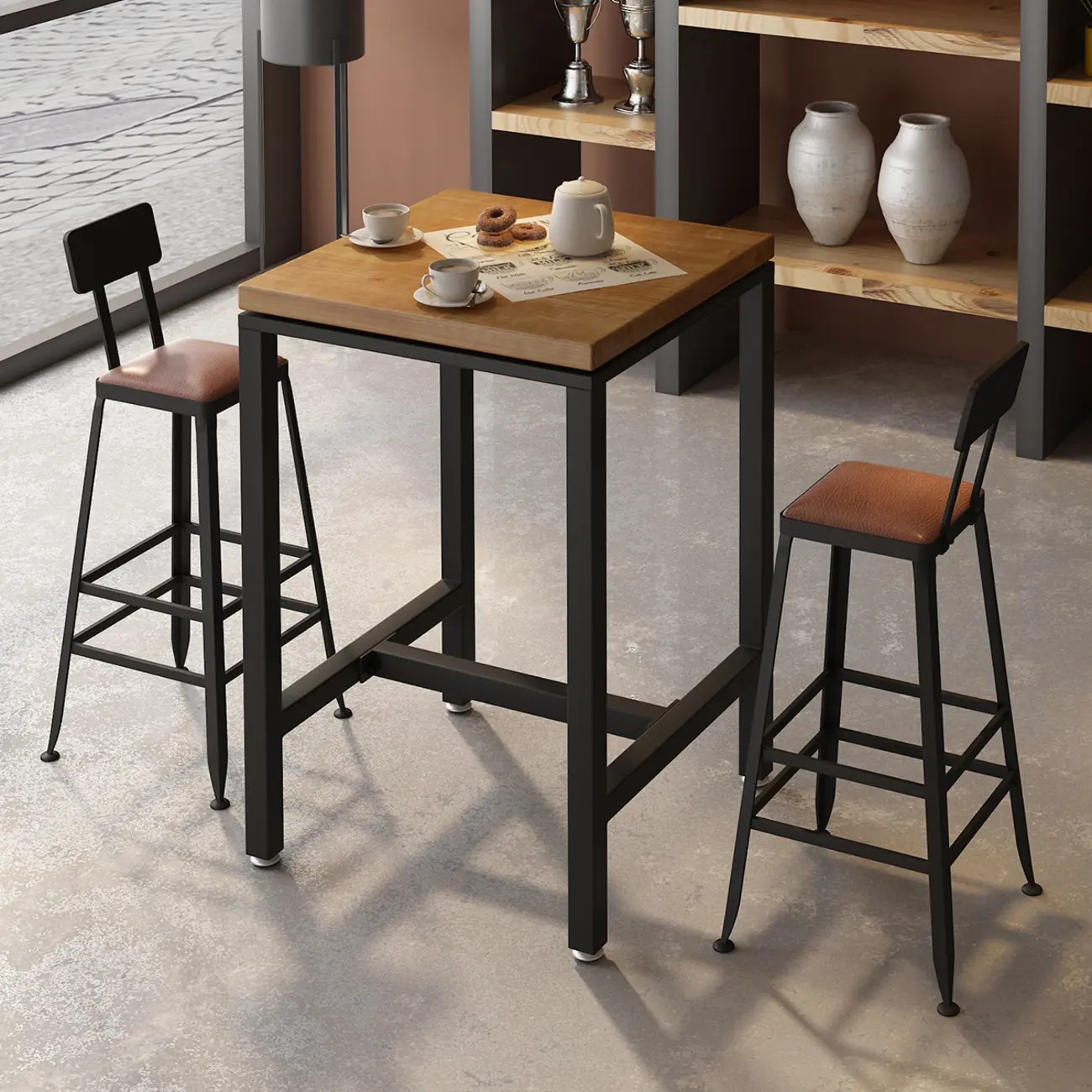 Square Wooden Top Iron Footrest Bistro Table