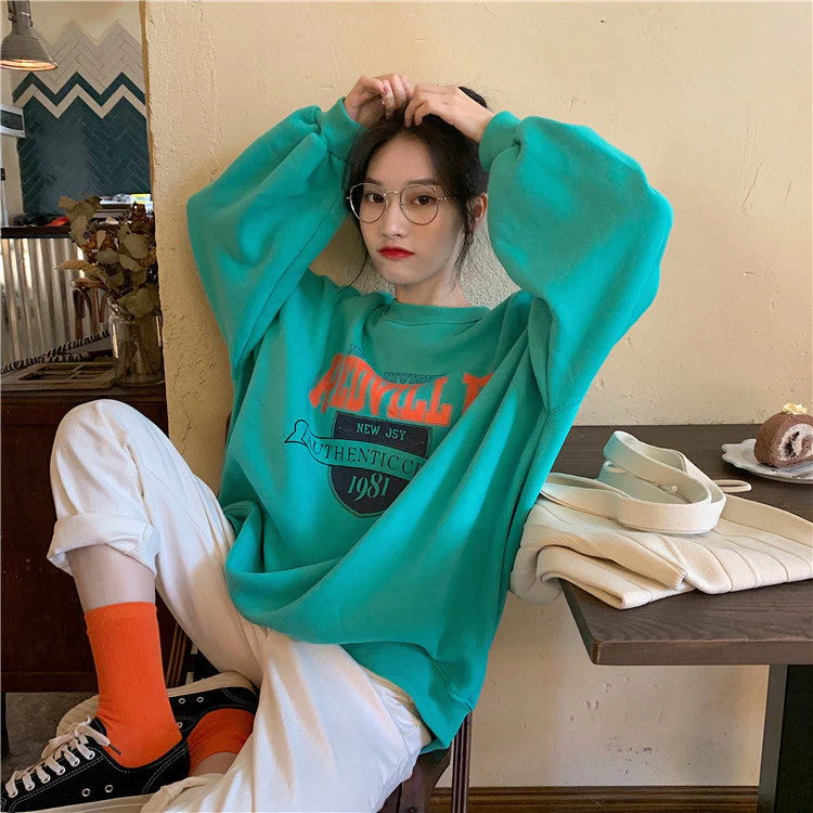 Autumn Women Fleece Letter Printed Pullover Sweatshirt Long Sleeve Casual Sports Lady Oversized Hoodie Korean Fashion - Deanwangkt