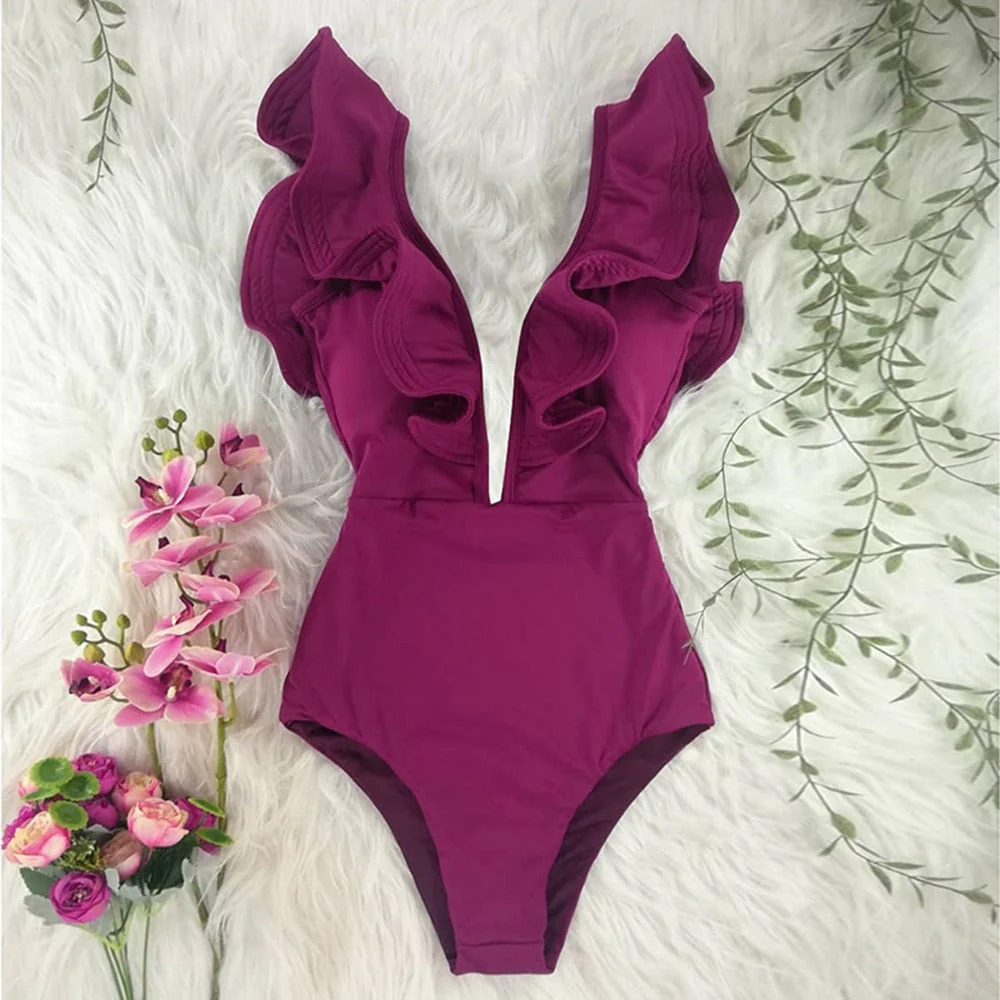 New Sexy Ruffle Print Floral One Piece Swimsuit Off The Shoulder Swimwear Women Solid Deep-V Beachwear Bathing Suit Monkini - Deanwangkt