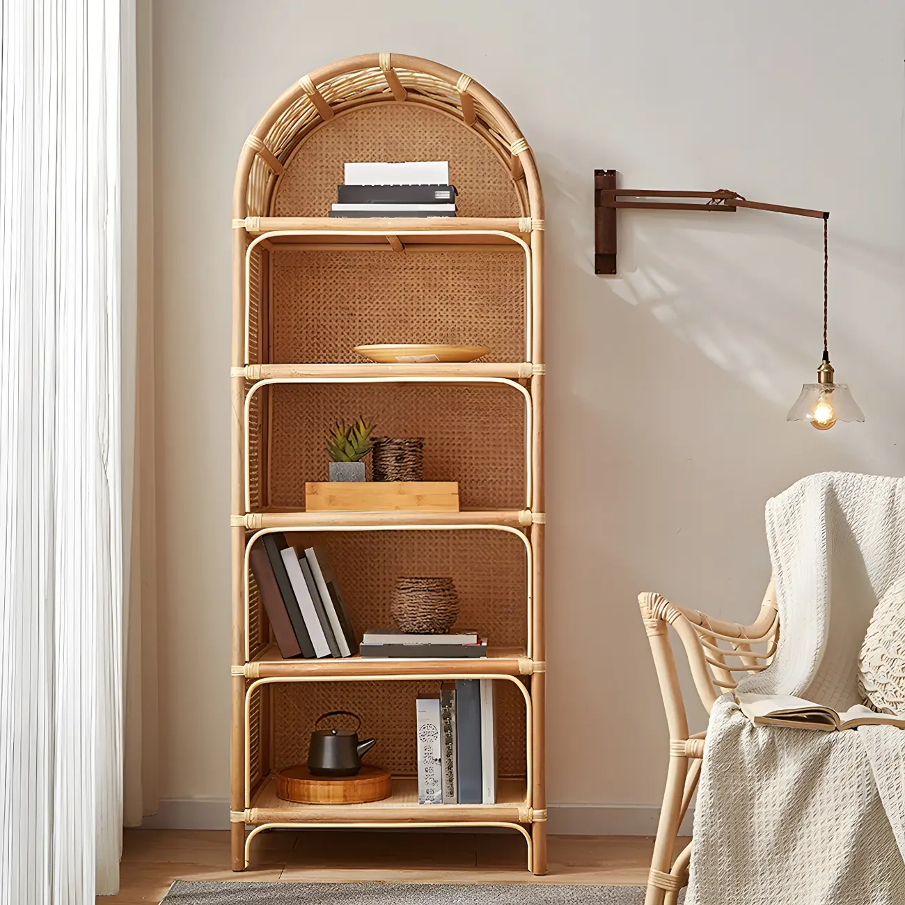 Light Wood Arch Rattan Bookshelf 5-Tier Bookcase