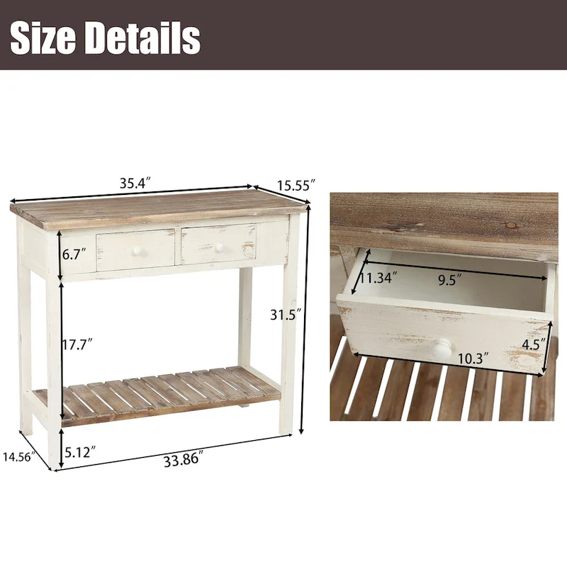 Distressed White and Brown Wood 2-drawer Console Table - 31.5H x 35.4 W x 15.55 D