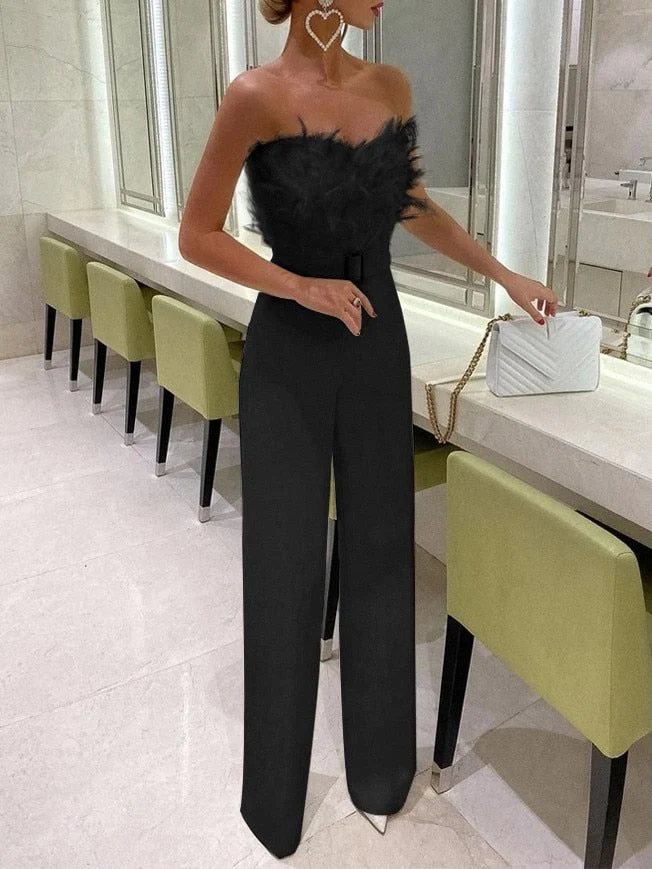 Hulianfu Jumpsuit Women Elegant Long Jumpsuit Strapless Slash Neck Feather Tube Top Sexy Fashion Party Night Evening Jumpsuit Summer - Deanwangkt