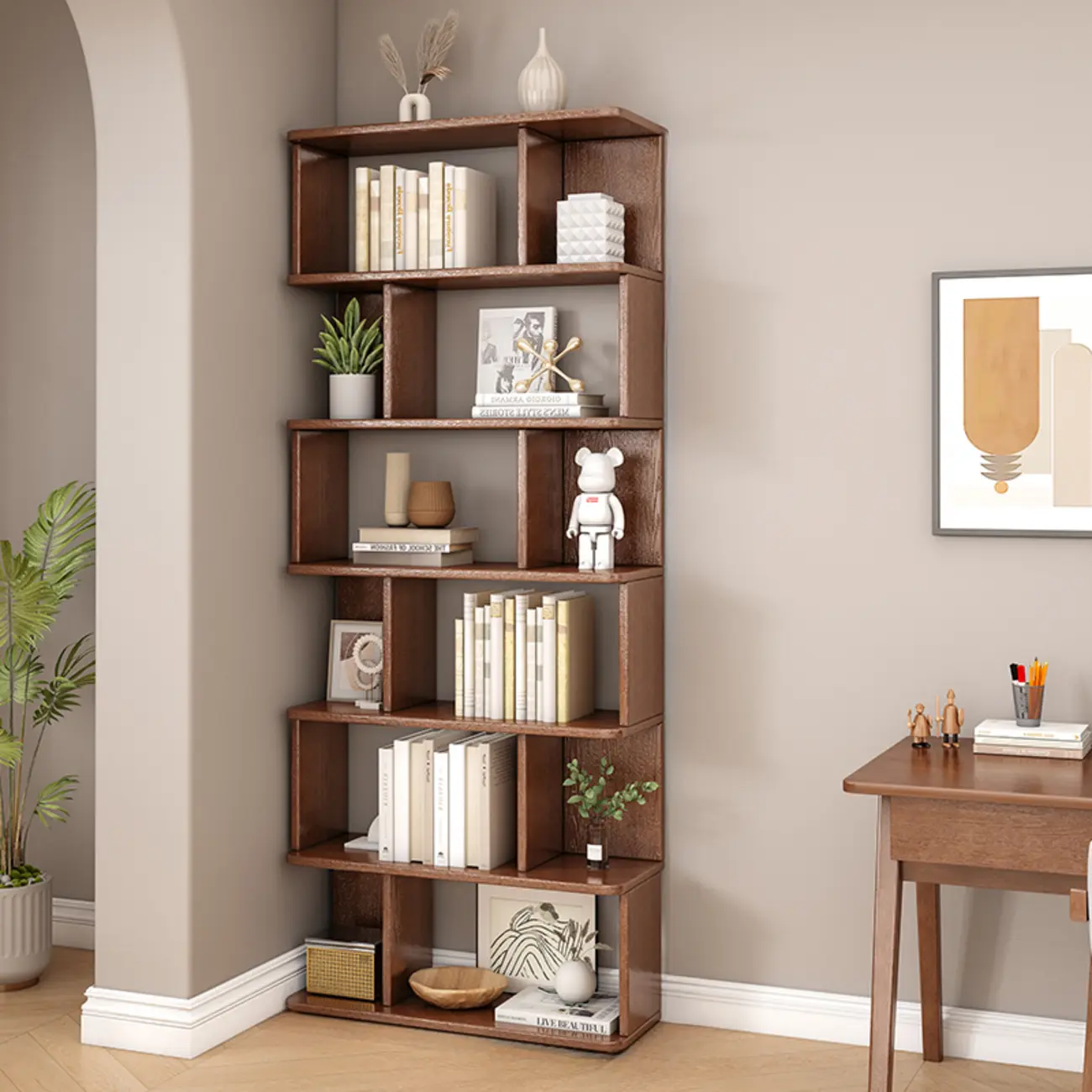 Mid-Century 6-Tier Open Back Wooden Bookshelf