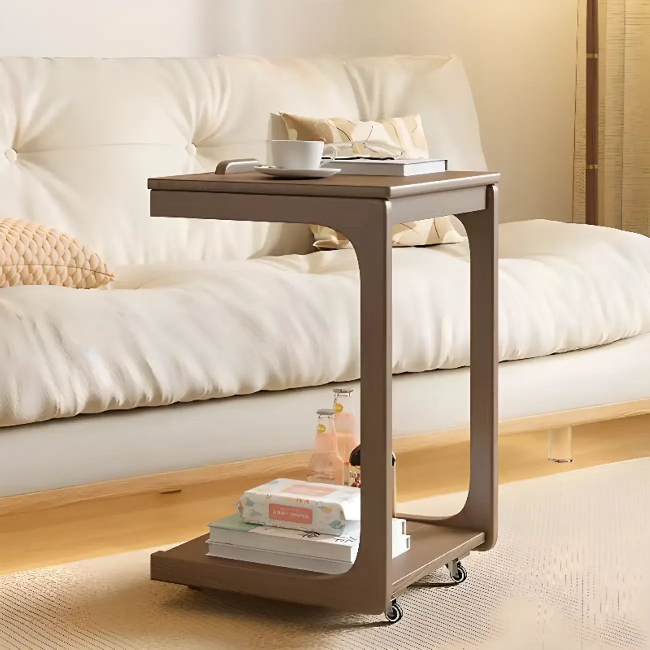 Scandinavian Wooden Flip-Top C-Shaped Side Table with Wheels