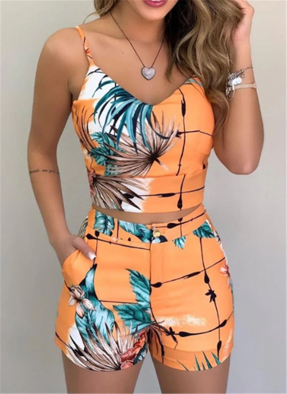 Fashion Women Shorts Suits 2Pieces Sets Summer Office Lady Floral Strap Tank Crop Top+High Waist Button Shorts Female Outfits - Deanwangkt