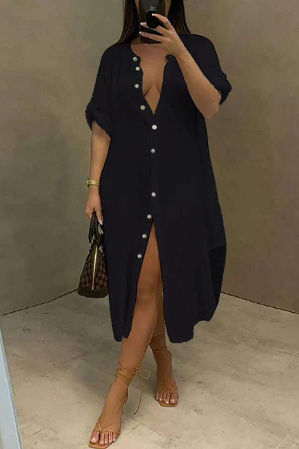hulianfu Solid Color Casual Single Breasted Midi Dress - Deanwangkt