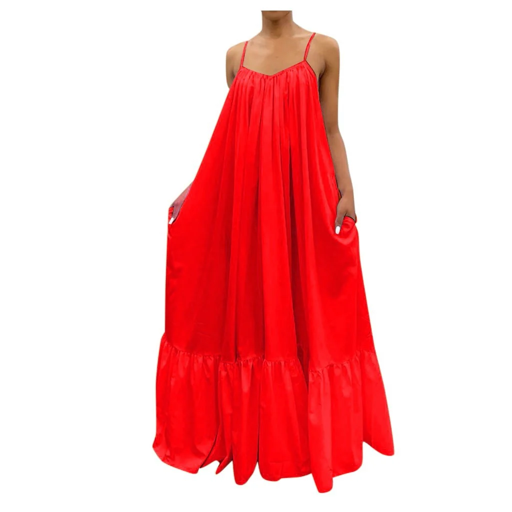 hulianfu Women Camisole Oversized Fashion Casual Solid Maxi Dresses Strap Dress Pocket Loose Backless Big Swing Solid Floor-length Robe - Deanwangkt