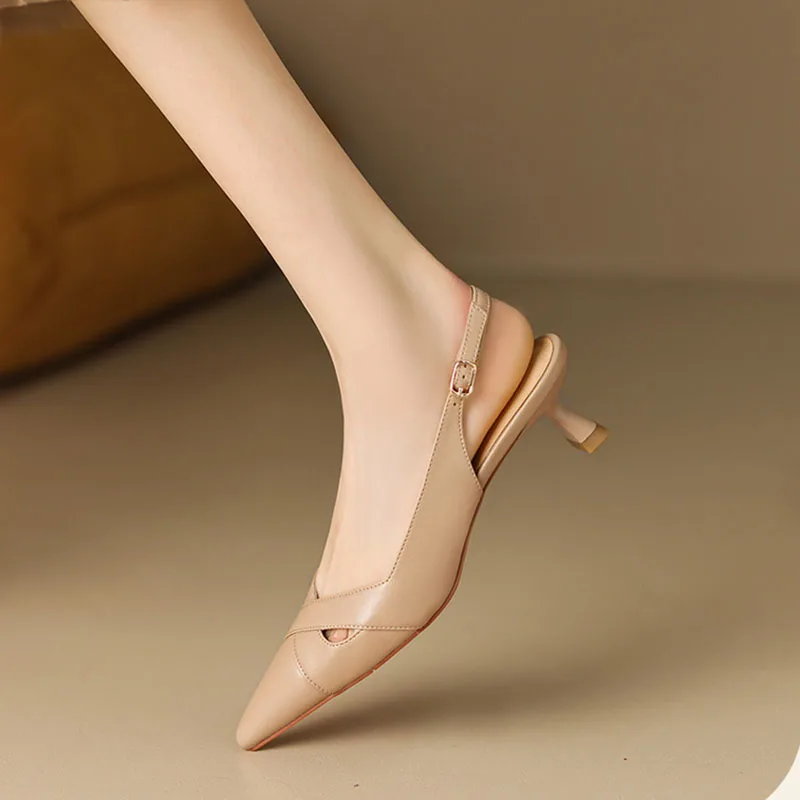 New Women Sandals Mid Heels Pumps Pointed Toe Slingblacks Woman Dress Shoes Cut Outs Leather Shoes Summer Sandalias Mujer 1475N - Deanwangkt