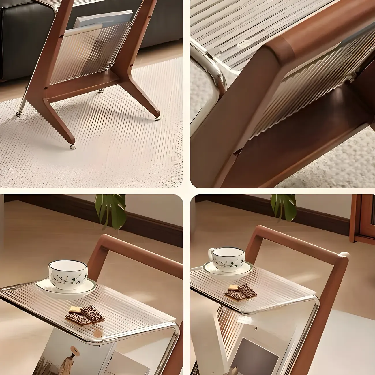 Unique Z-Shaped Solid Wood Glass Display Small Side Table