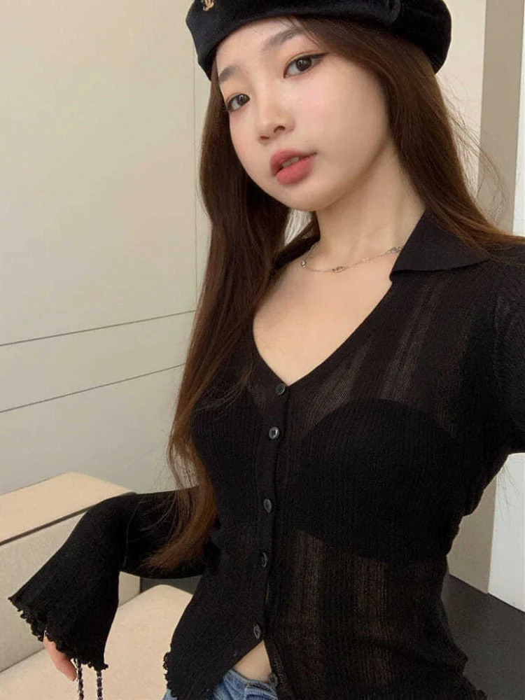 Hulianfu Knitting T-shirt Women Slim Sexy Long Sleeve Daily V-neck Casual Korean Style Pure Retro Minimalist Hot Girls Spring See-through - Deanwangkt
