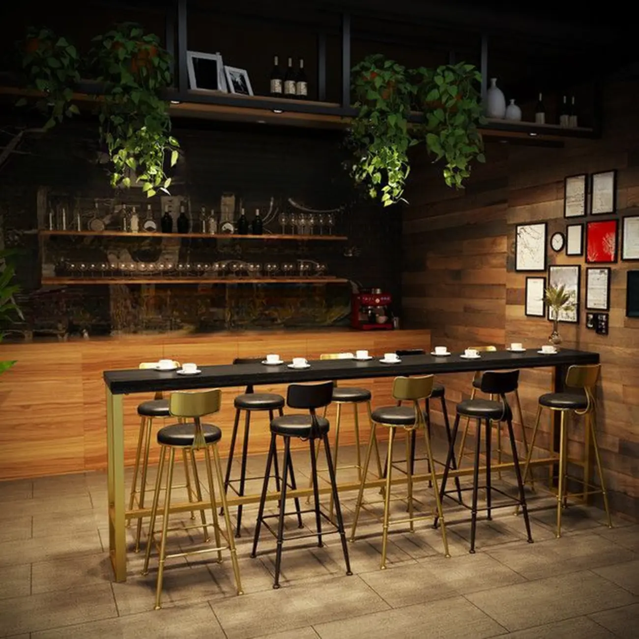 Luxurious Midnight Black Wood Gold Metal Leg Rest Bar Tables