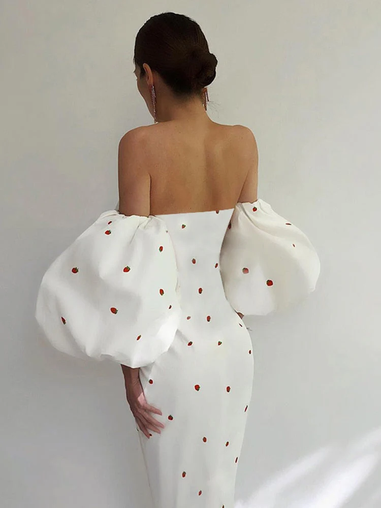 Hulianfu Elegant Women Vintage Dress Lantern Sleeve Strawberry Print Slash Neck Mid Calf Dresses Summer Sexy Casual Female - Deanwangkt
