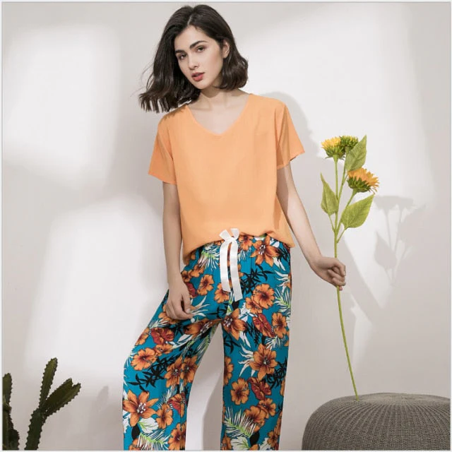 Breathable 2PCS Pajama Short Sleeve Printed Pijama Mujer Femme Loose Nightwear Suit Female Casual Homewear Pajama Set For Women - Deanwangkt