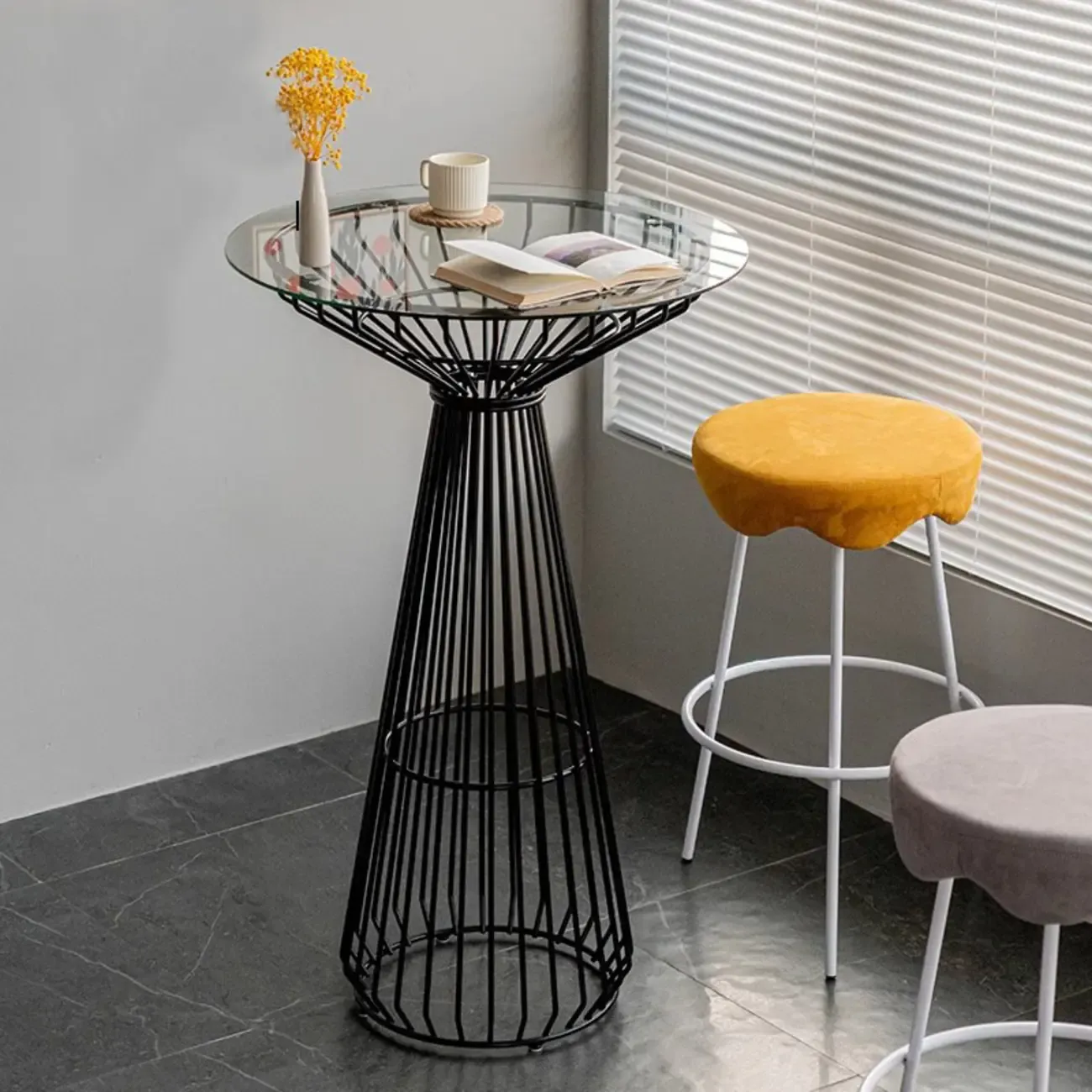 Simplistic Clear Glass Circular Iron Wireframe Bar Table