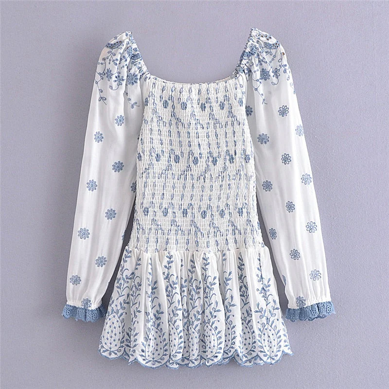 Hulianfu Spring Summer Vintage New Fashion Women Embroidered Elastic Square Neck Puff Long Sleeve Short Mini Dress - Deanwangkt