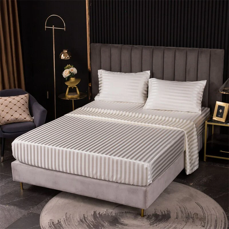 HULIANFU Luxury Jacquard Satin Stripe Silk Bed Sheet Set King Size High End Soft Smooth Queen Fitted Sheets with Elastic Band Bedsheet - Deanwangkt