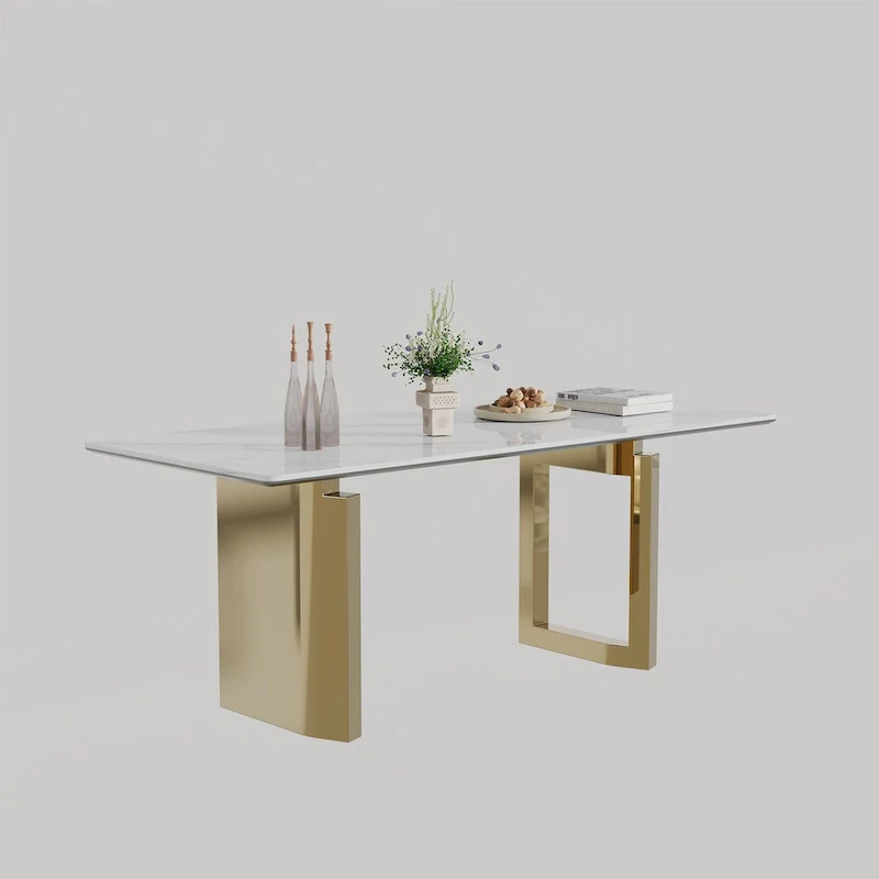 0.47 Thick Sintered Stone Composite Tempered Glass Top Rectangular Dining Table with Stainless Steel Base