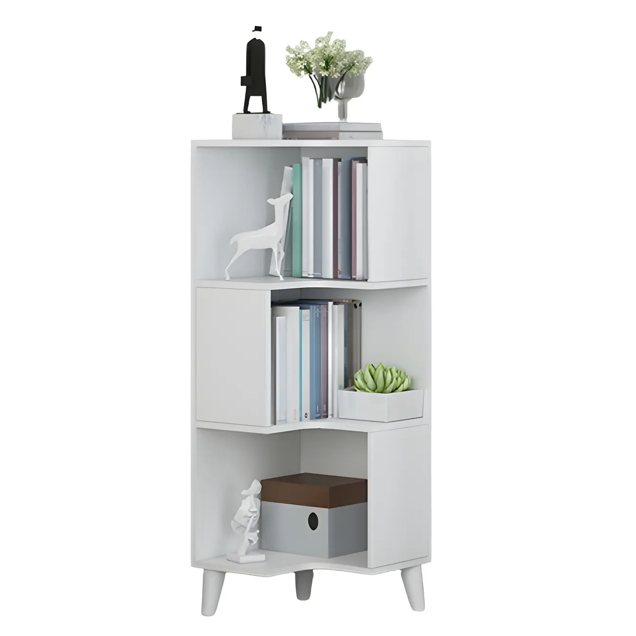 Scandinavian Walnut Wood Corner Bookcase 3-Tier