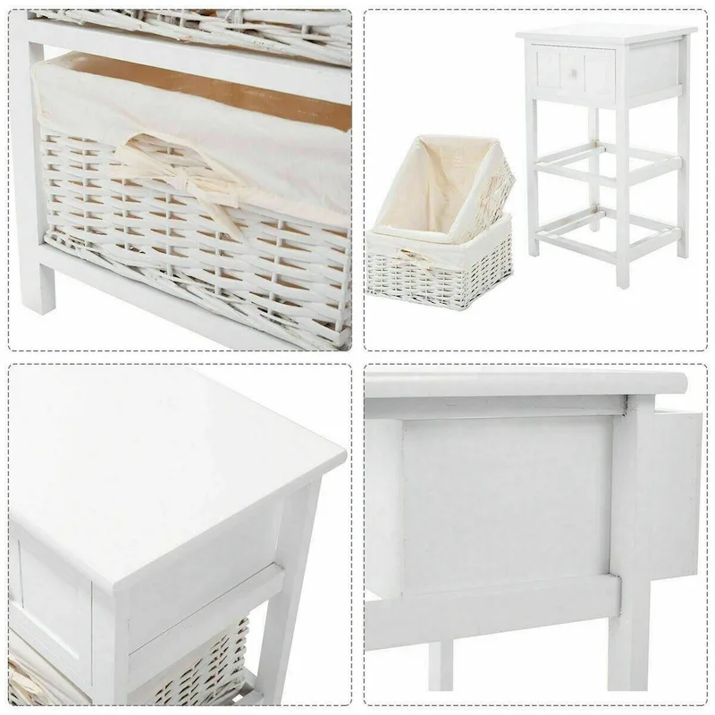 3 Layer Set of 2 Wooden Bedside End Table with 2 Wicker Baskets and 1 Drawer - 16 x 12 x 25(L x W x H)