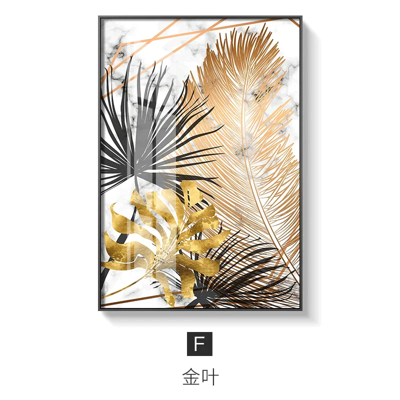 HULIANFU Nordic Golden Abstract Leaf Flower Wall Art Canvas Painting Modern Plant Poster Print Wall Picture Living Room Unique Decoration - Deanwangkt