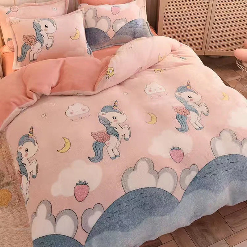 HULIANFU  WOSTAR Cartoon printed velvet duvet cover set super soft cozy plush adult kids bedroom double bed quilt cover luxury bedding set - Deanwangkt