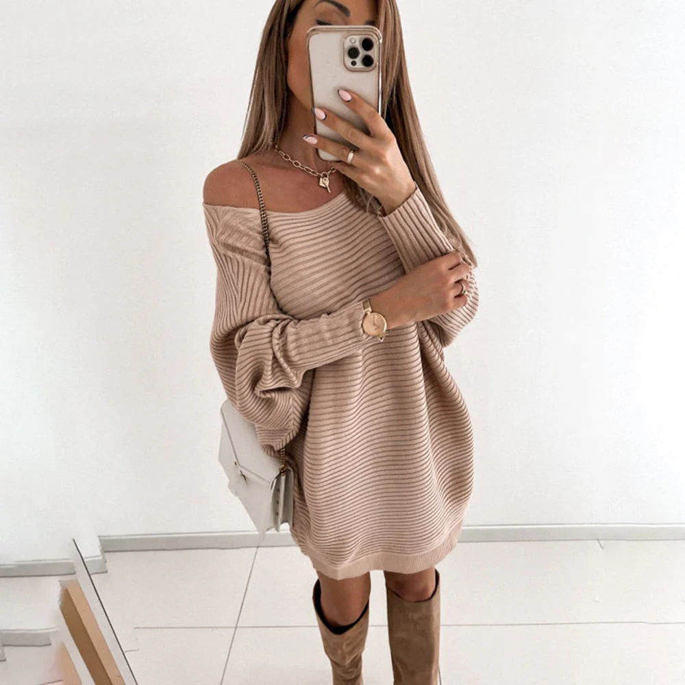 Hulianfu Sexy Off Shoulder Long Sleeve Sweater Dress Women 2022 Spring Loose Casual White Knitted Long Top Woman Mini Dresses Pull Femme - Deanwangkt
