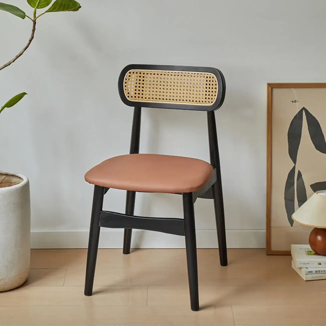 Rustic Black Wooden Armless Dining Chair with Handwoven Back